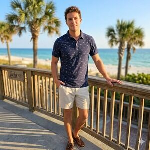 Jachs NY Mens Navy Blue Pima Cotton Palm Tree Print Polo Shirt Large Tropical